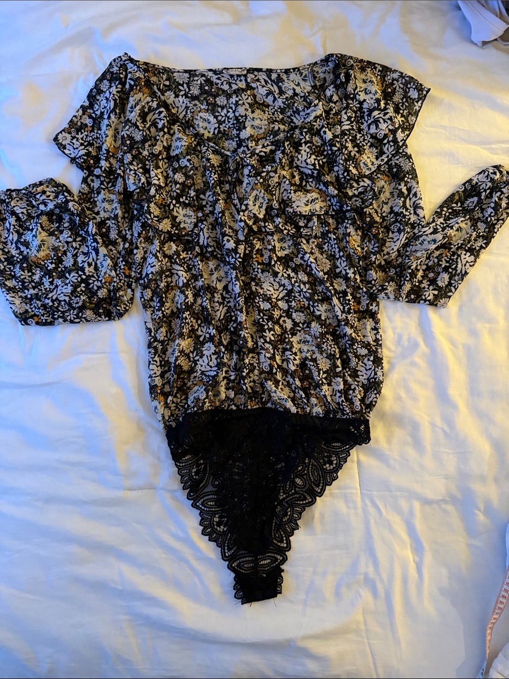 Black Floral Lace-Trim Long Sleeve Women's Bodysuit